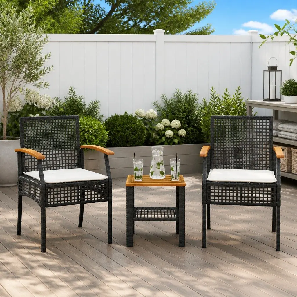 3 Piece Bistro Set PE Rattan Acacia Wood Table Black Chairs Cushions