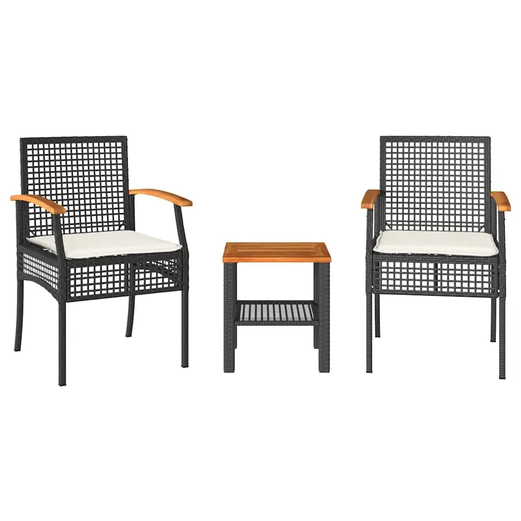 3 Piece Bistro Set PE Rattan Acacia Wood Table Black Chairs Cushions