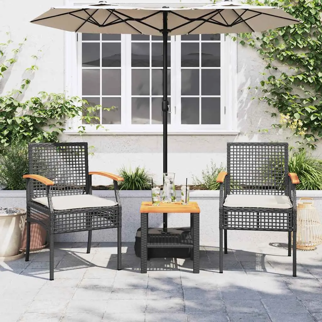 3 Piece Bistro Set PE Rattan Acacia Wood Table Black Chairs Cushions
