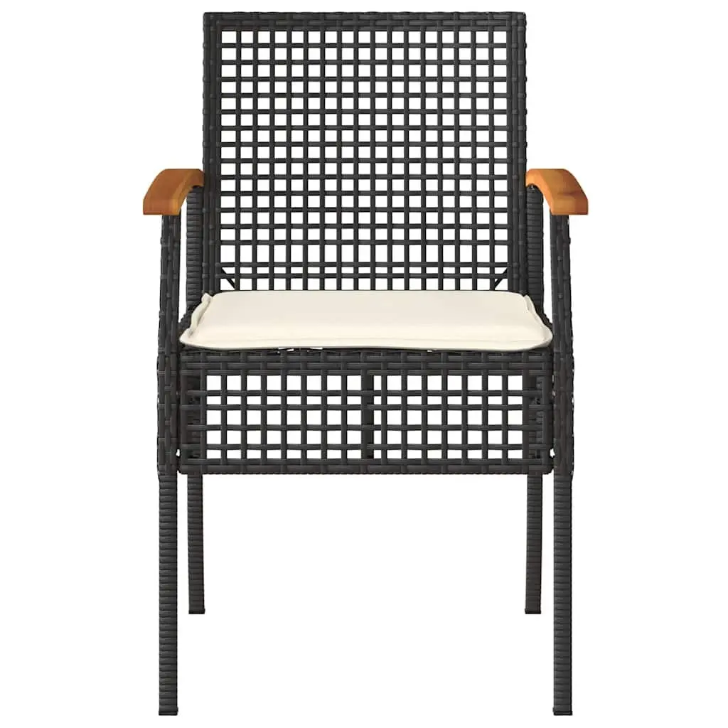 3 Piece Bistro Set PE Rattan Acacia Wood Table Black Chairs Cushions