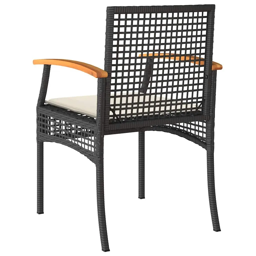 3 Piece Bistro Set PE Rattan Acacia Wood Table Black Chairs Cushions