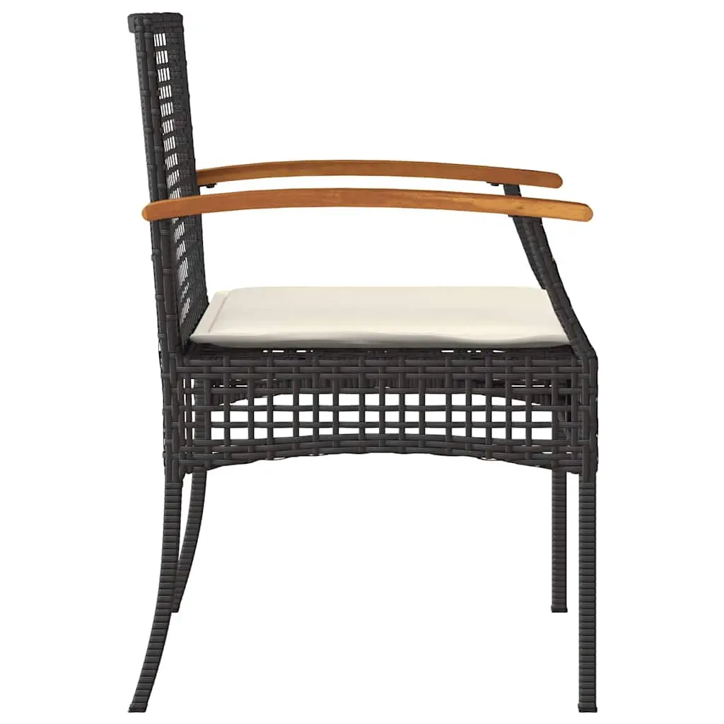 3 Piece Bistro Set PE Rattan Acacia Wood Table Black Chairs Cushions
