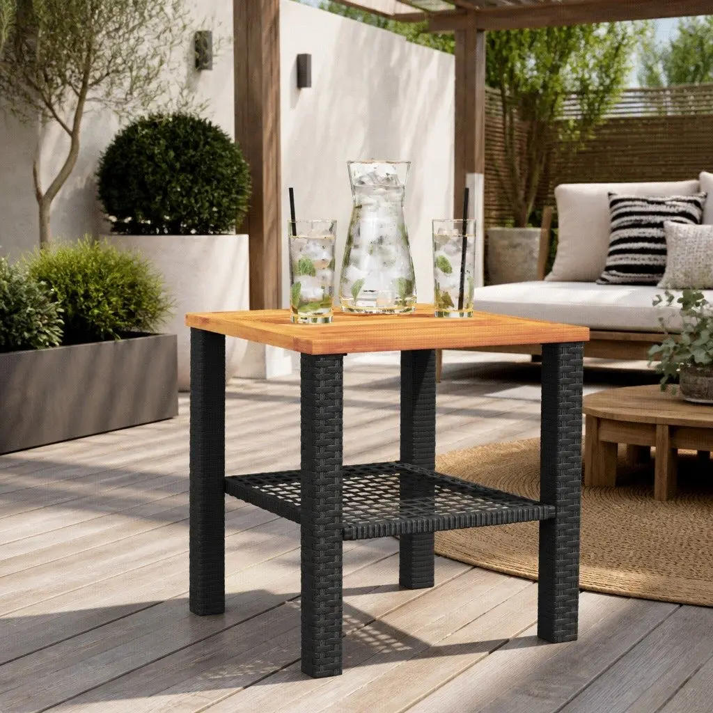 Garden Table Acacia Wood Black Poly Rattan Outdoor Patio Furniture 40x40x42cm