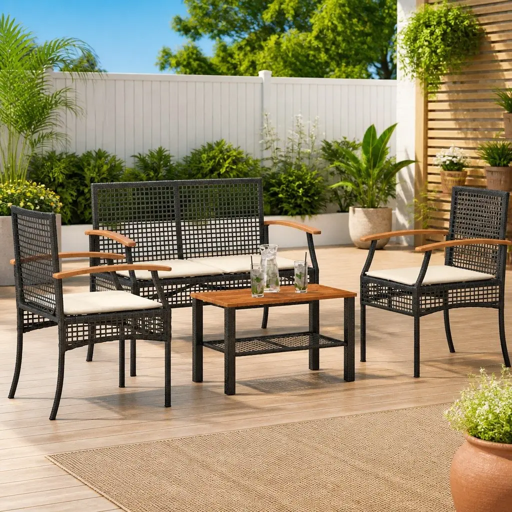 4 Piece Outdoor Garden Lounge Set Black Poly Rattan with Acacia Wood Table Top and Powder Coated Steel Frame