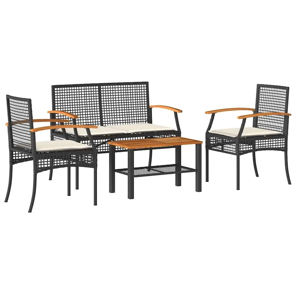 4 Piece Outdoor Garden Lounge Set Black Poly Rattan with Acacia Wood Table Top and Powder Coated Steel Frame