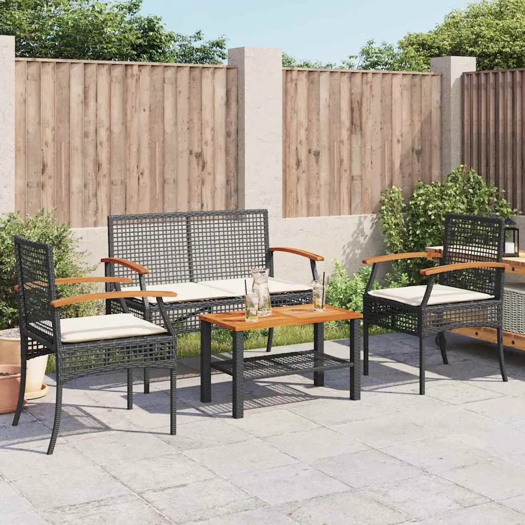 4 Piece Outdoor Garden Lounge Set Black Poly Rattan with Acacia Wood Table Top and Powder Coated Steel Frame