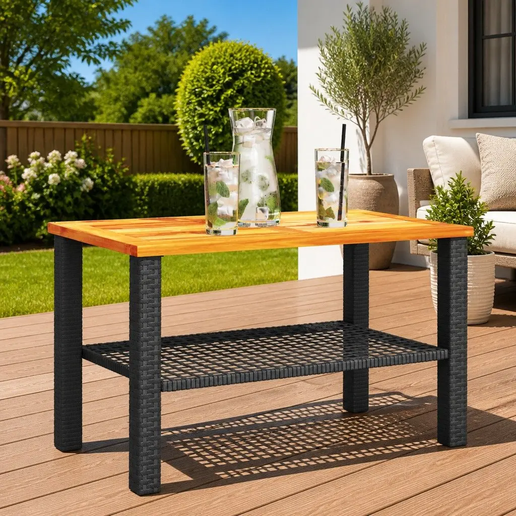 Outdoor Garden Table Poly Rattan Acacia Wood Top Black 70cm Width 38cm Depth 42cm Height