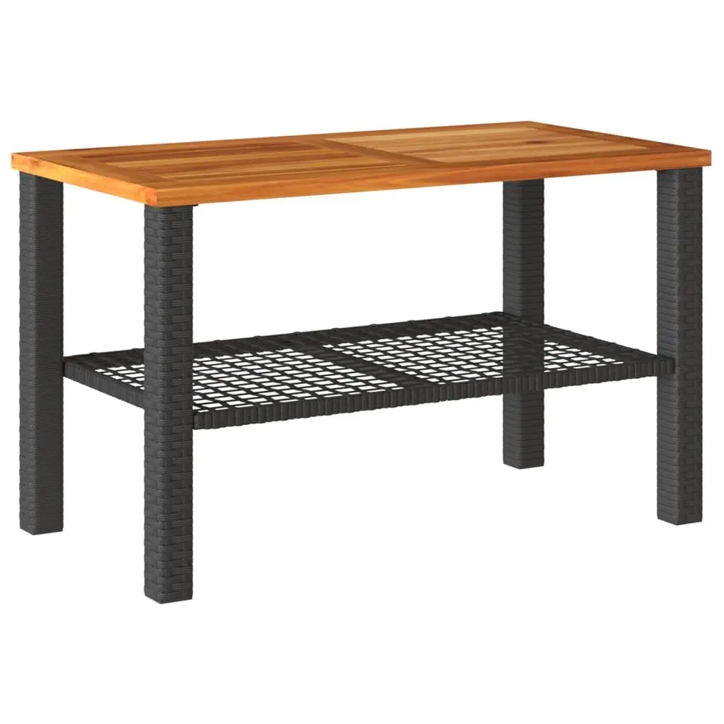 Outdoor Garden Table Poly Rattan Acacia Wood Top Black 70cm Width 38cm Depth 42cm Height