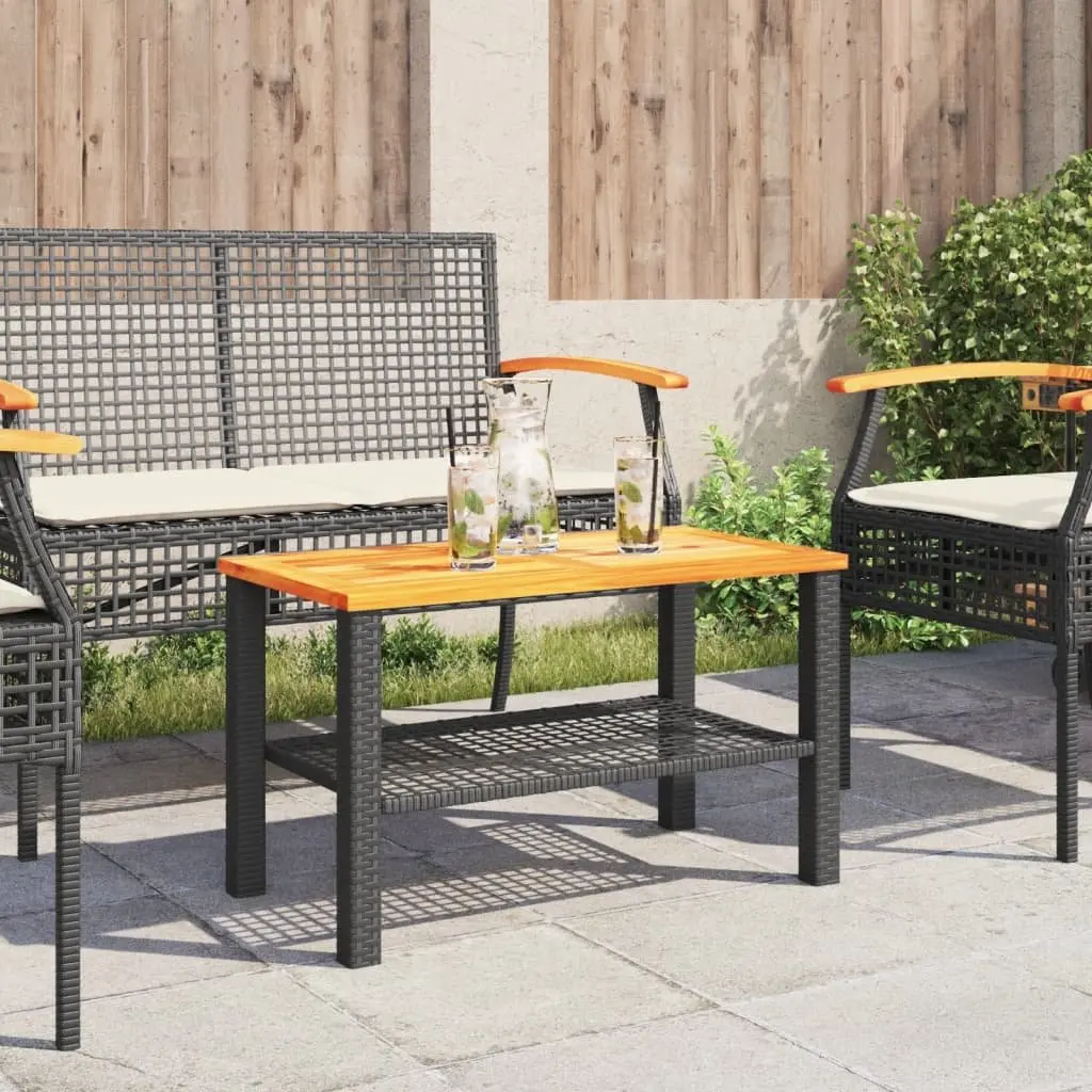 Outdoor Garden Table Poly Rattan Acacia Wood Top Black 70cm Width 38cm Depth 42cm Height