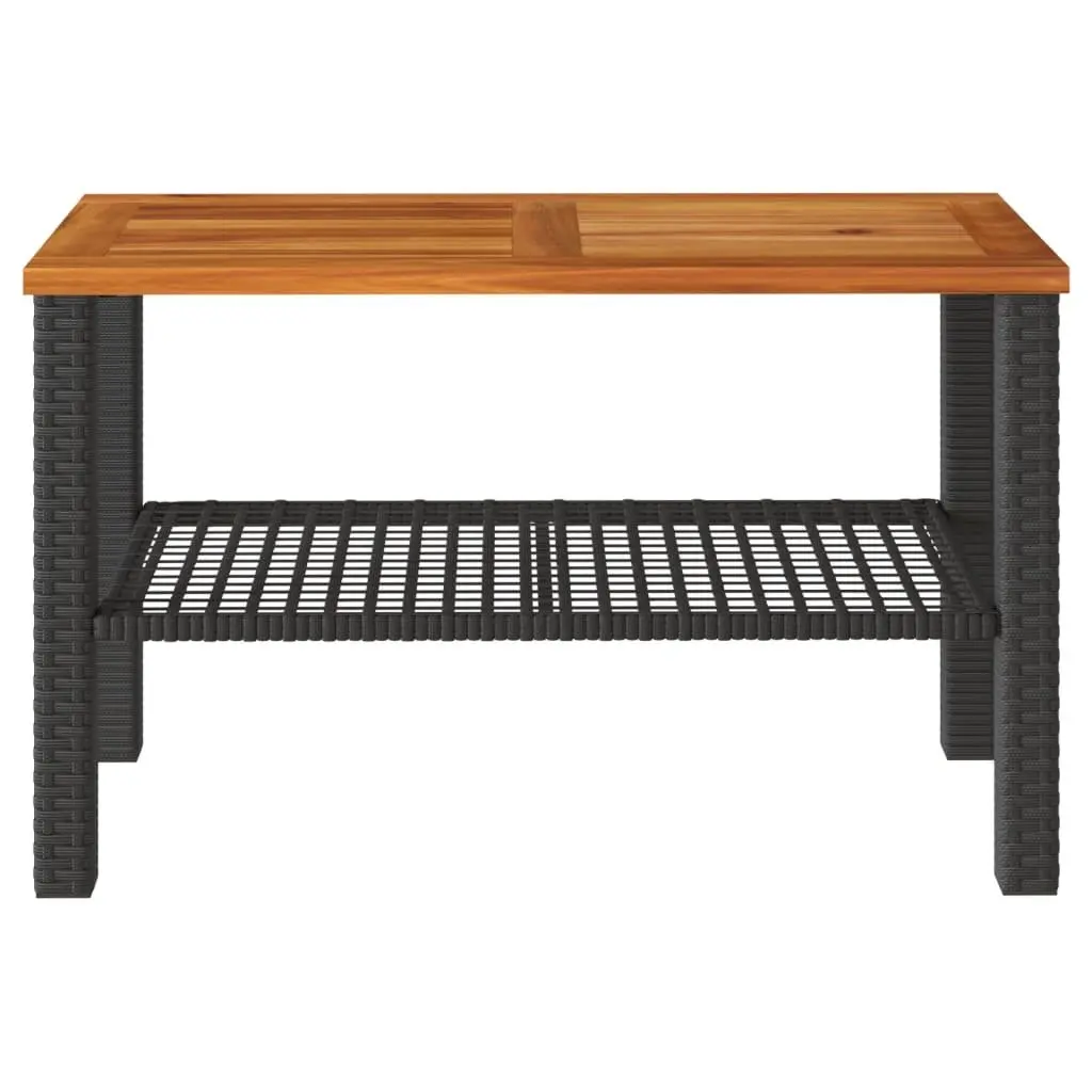 Outdoor Garden Table Poly Rattan Acacia Wood Top Black 70cm Width 38cm Depth 42cm Height
