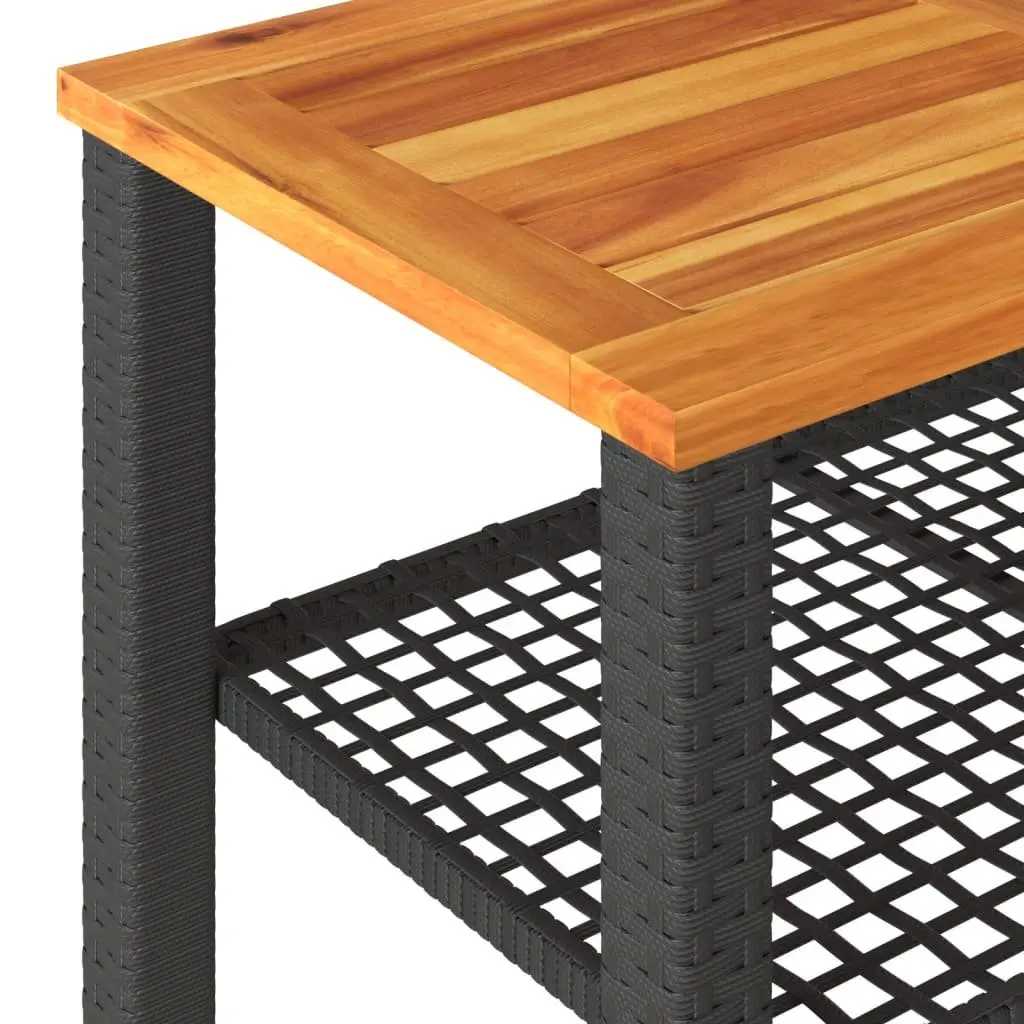 Outdoor Garden Table Poly Rattan Acacia Wood Top Black 70cm Width 38cm Depth 42cm Height
