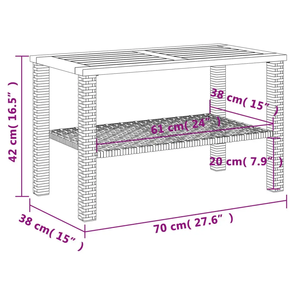 Outdoor Garden Table Poly Rattan Acacia Wood Top Black 70cm Width 38cm Depth 42cm Height