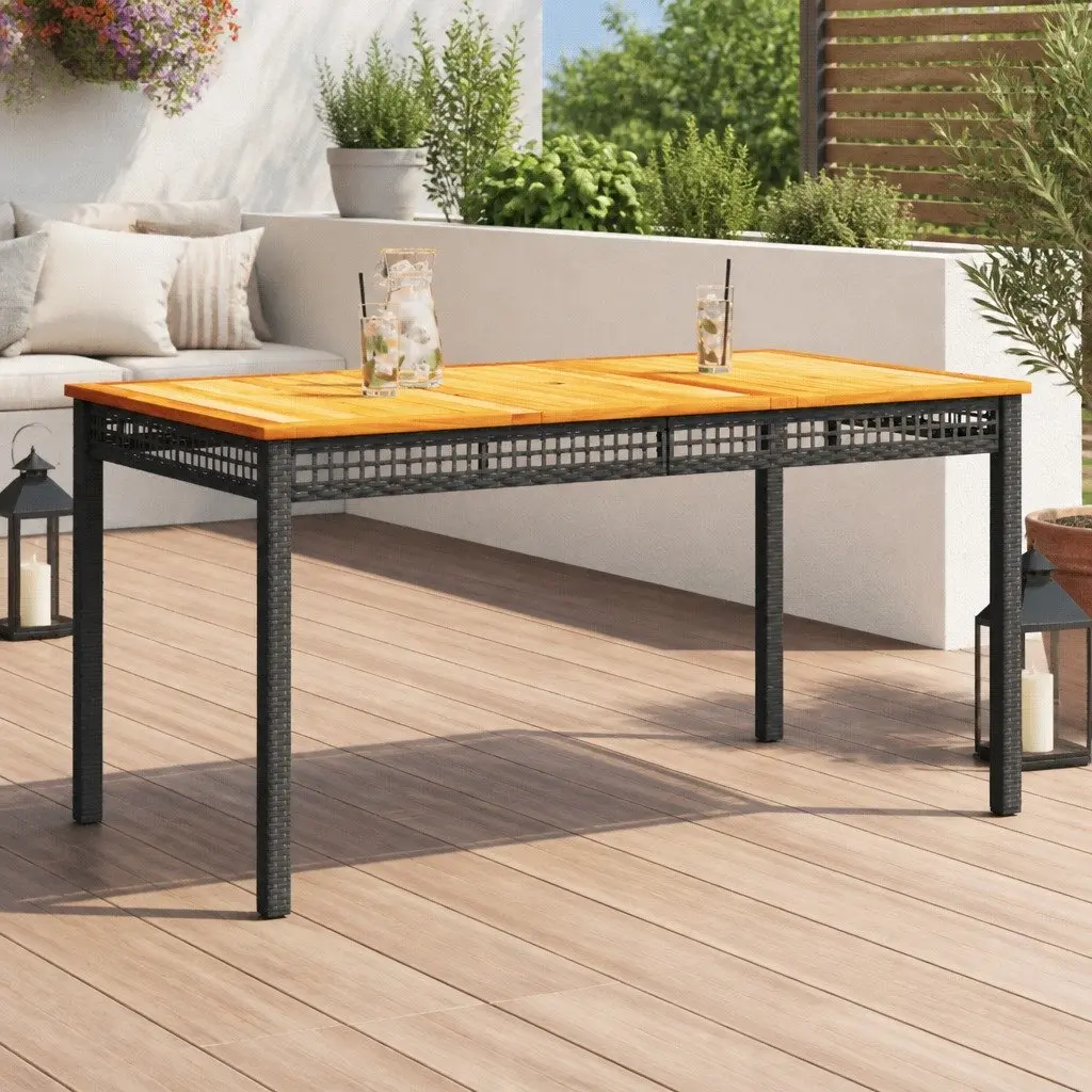 Garden Table Poly Rattan Acacia Wood 140x80x75cm Black Outdoor Furniture
