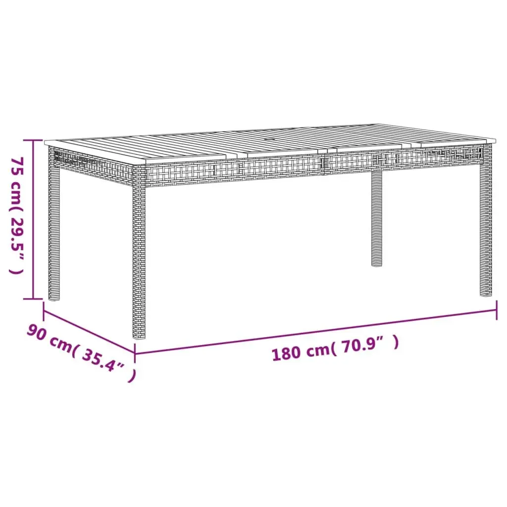 Garden Table Poly Rattan Acacia Wood 180 x 90 x 75 cm Black Outdoor Furniture