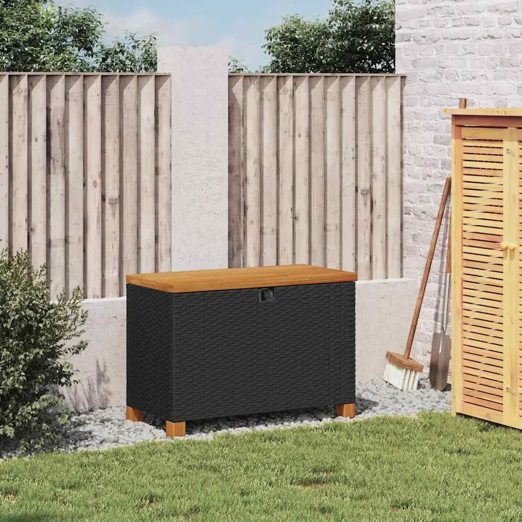 Garden Storage Box PE Rattan Acacia Wood Top 80x40x48cm Black