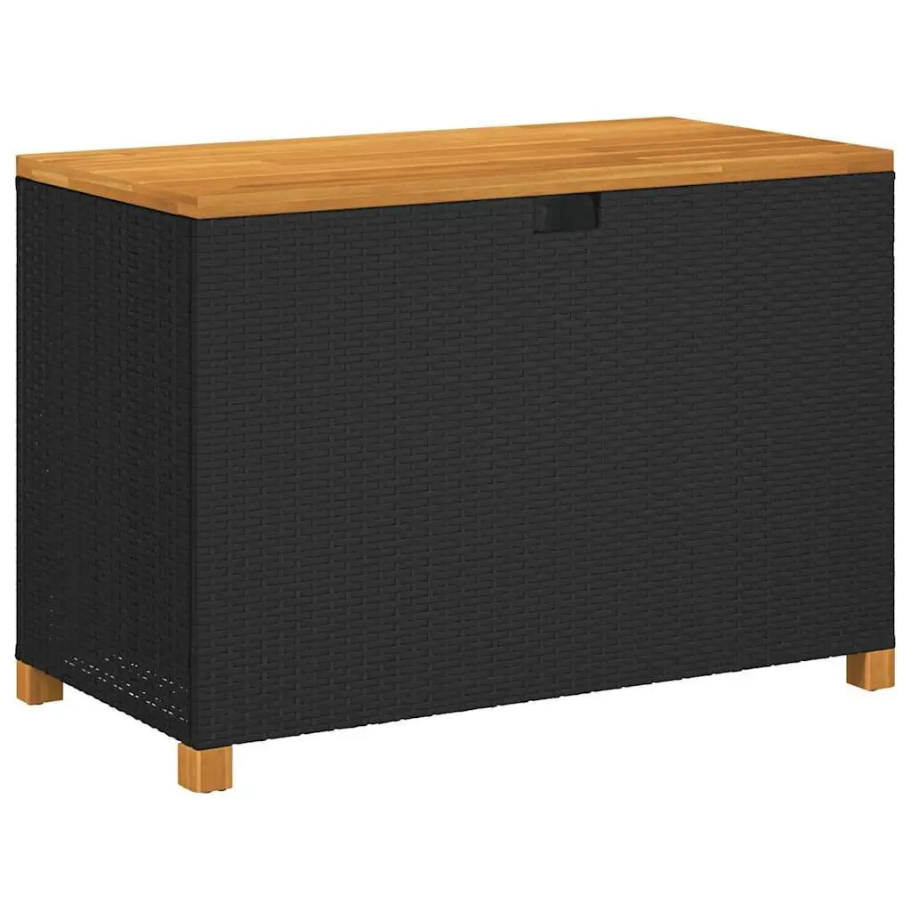 Garden Storage Box Outdoor Bench Black Poly Rattan Acacia Wood Seat Patio