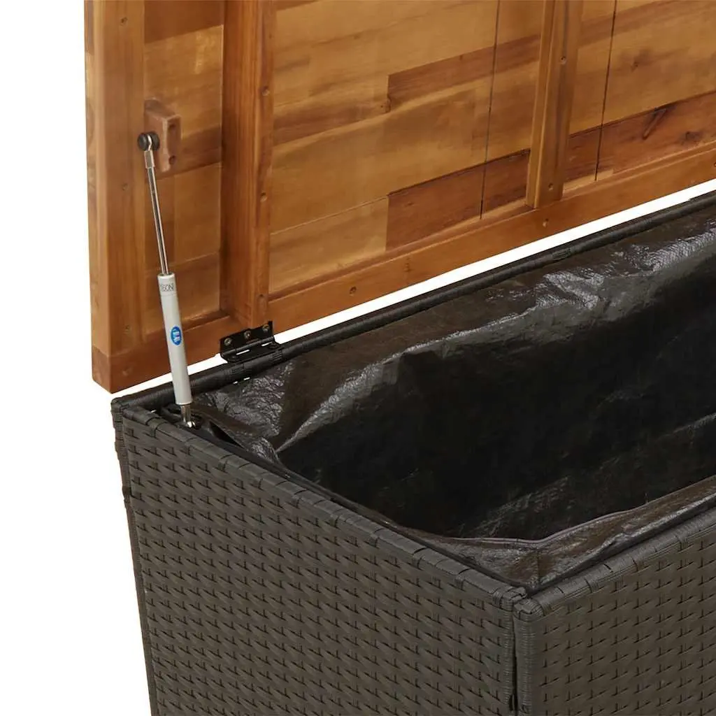Garden Storage Box Outdoor Bench Black Poly Rattan Acacia Wood Seat Patio