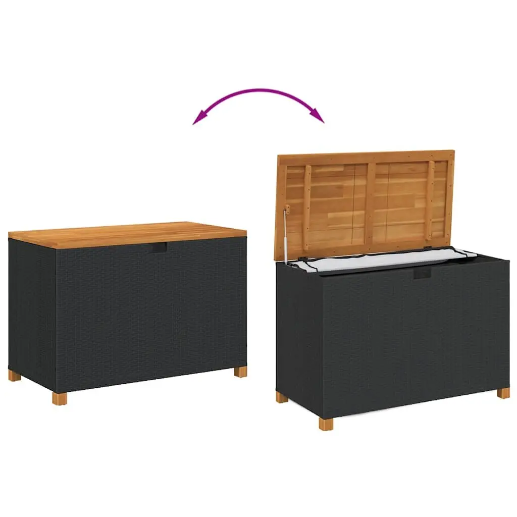 Garden Storage Box Outdoor Bench Black Poly Rattan Acacia Wood Seat Patio