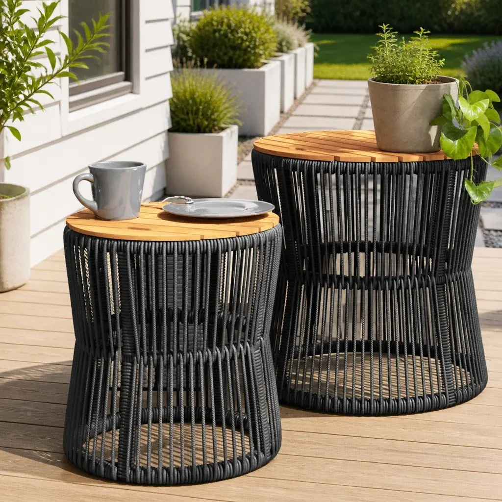 Garden Side Tables 2 pcs Outdoor Patio Furniture with Wooden Top Black Poly