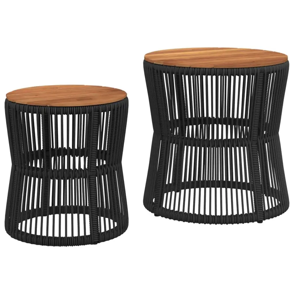 Garden Side Tables 2 pcs Outdoor Patio Furniture with Wooden Top Black Poly