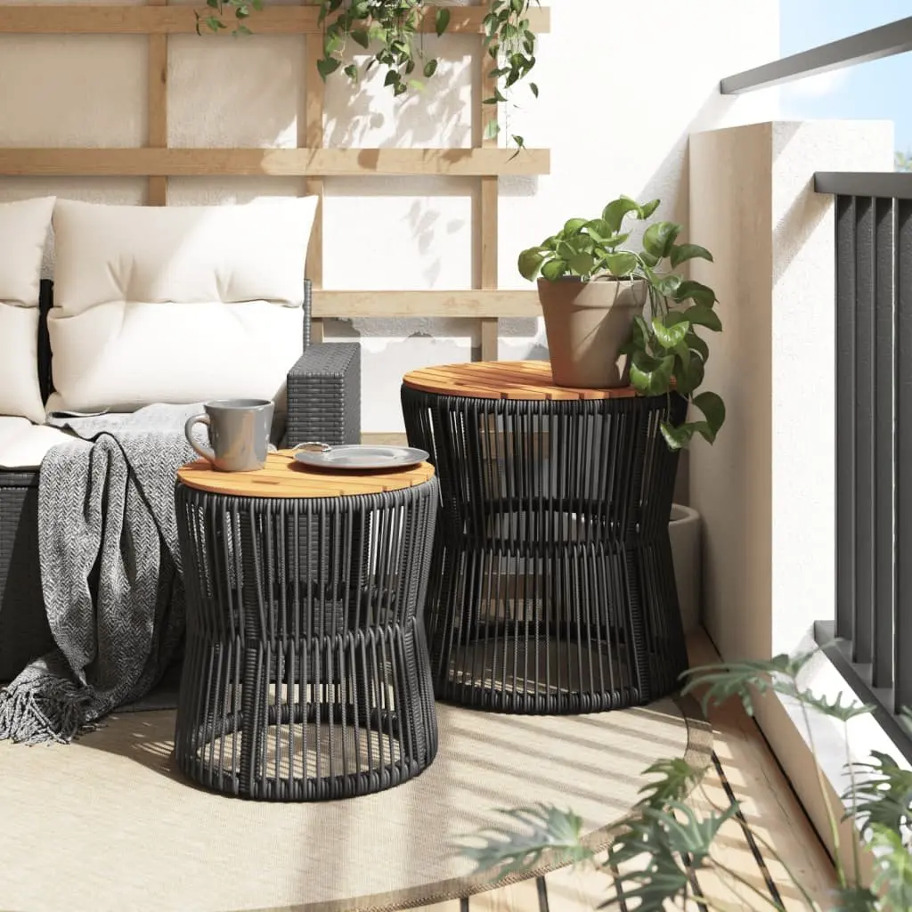 Garden Side Tables 2 pcs Outdoor Patio Furniture with Wooden Top Black Poly