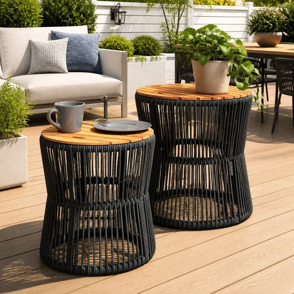Garden Side Tables Set of 2 PE Rattan Frame Acacia Wood Top Grey