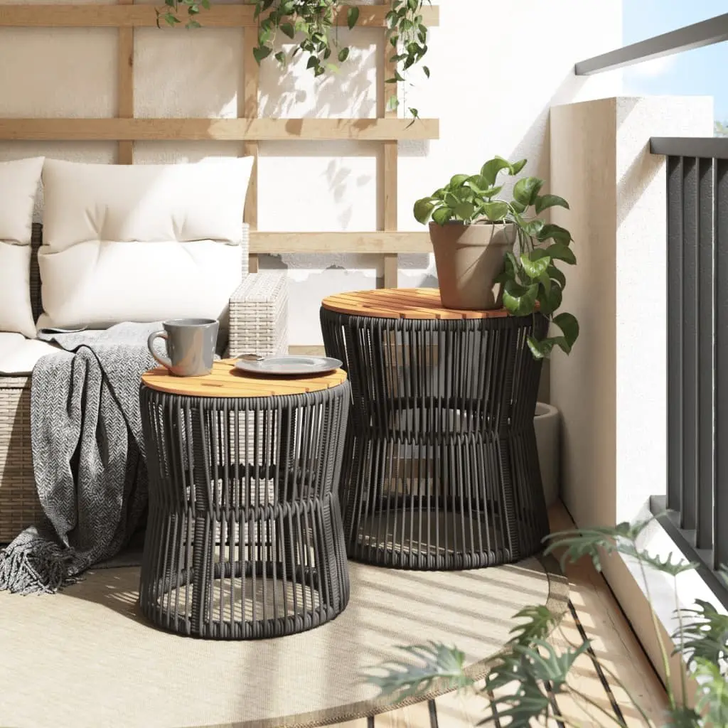 Garden Side Tables Set of 2 PE Rattan Frame Acacia Wood Top Grey