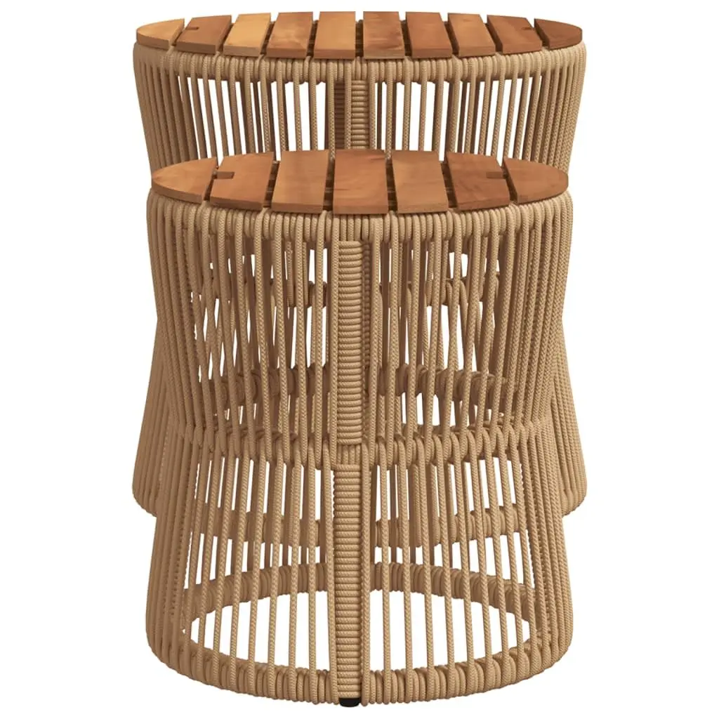 Garden Side Tables Set of 2 Poly Rattan Acacia Wood Top Beige