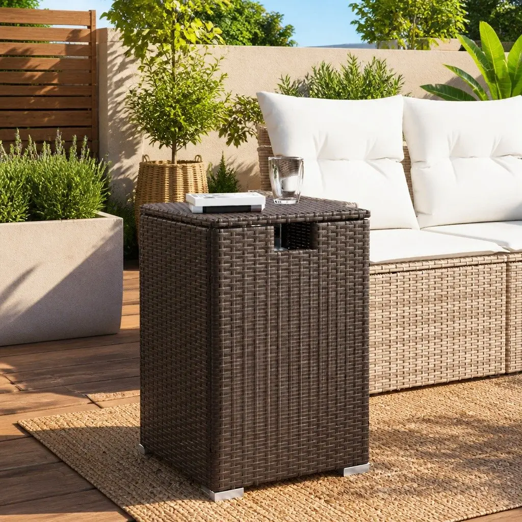 Propane Tank Cover Table Poly Rattan 40x40x60cm Brown Outdoor Storage Side
