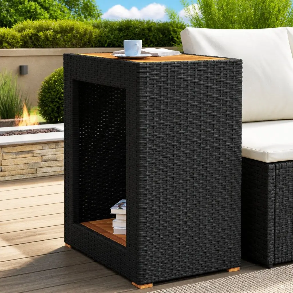 Garden Side Table Poly Rattan Frame Acacia Wood Top 60 x 40 x 75 cm Black