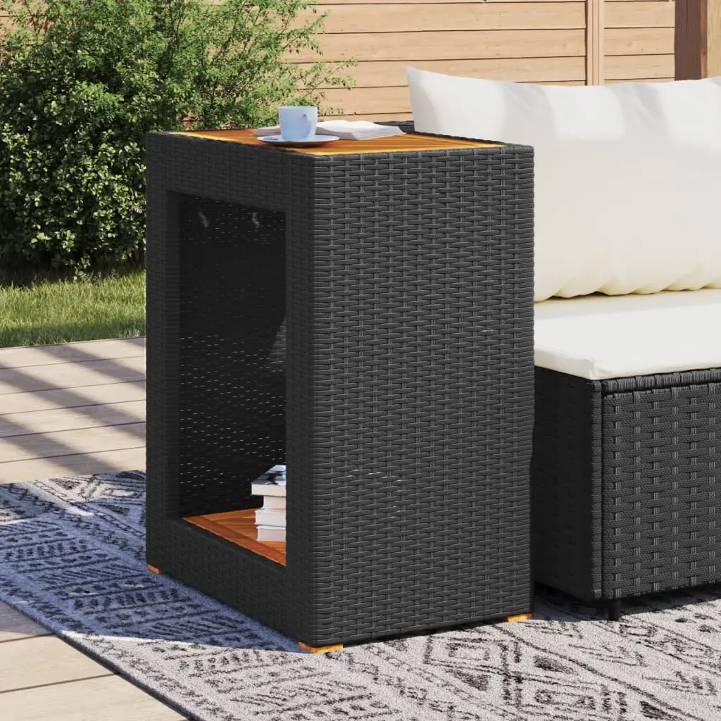 Garden Side Table Poly Rattan Frame Acacia Wood Top 60 x 40 x 75 cm Black