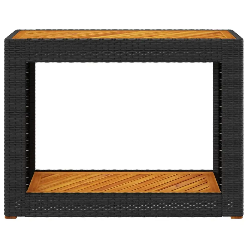 Garden Side Table Poly Rattan Black Outdoor Patio Coffee Table with Wooden Top
