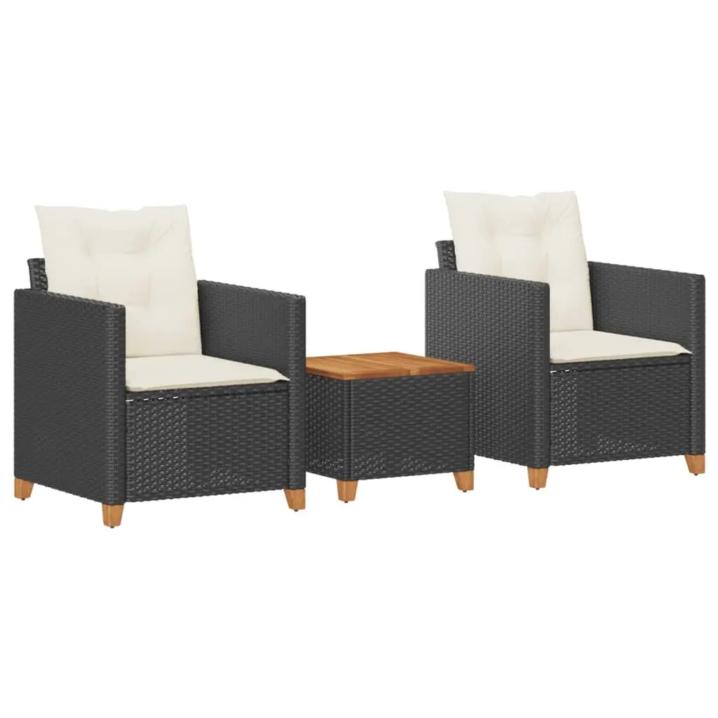 3 Piece Bistro Set Outdoor Garden Furniture Black Poly Rattan Cushioned Chairs