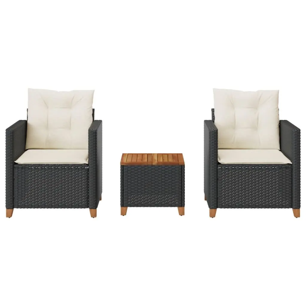 3 Piece Bistro Set Outdoor Garden Furniture Black Poly Rattan Cushioned Chairs