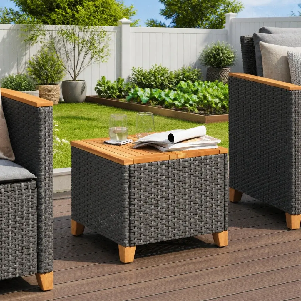 Garden Table Outdoor Patio Furniture Acacia Wood Top 45x45x37cm Black PE Rattan Frame