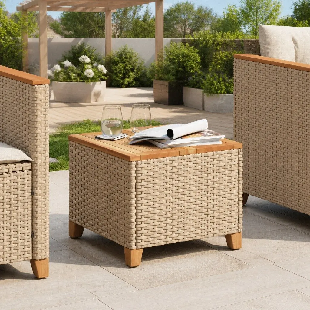 Garden Table Beige 45x45x37cm Outdoor Dining Patio Furniture PE Rattan Acacia