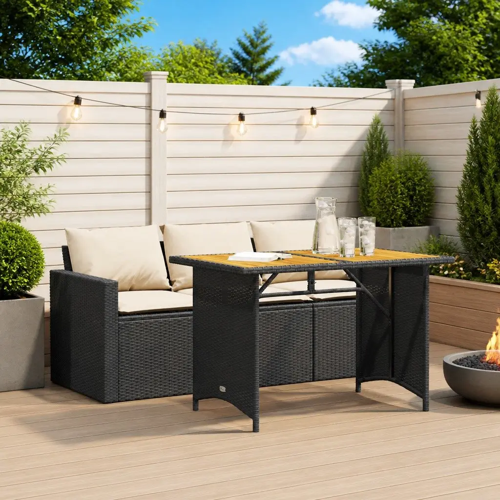 Garden Dining Set 2 Piece Outdoor Furniture Black Poly Rattan with Acacia Wood Table Top and Cushions