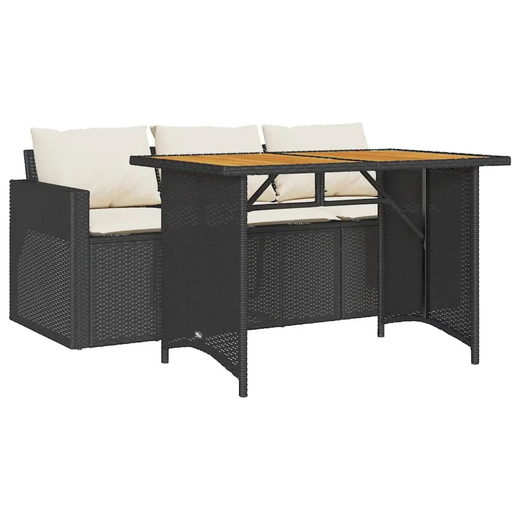 Garden Dining Set 2 Piece Outdoor Furniture Black Poly Rattan with Acacia Wood Table Top and Cushions