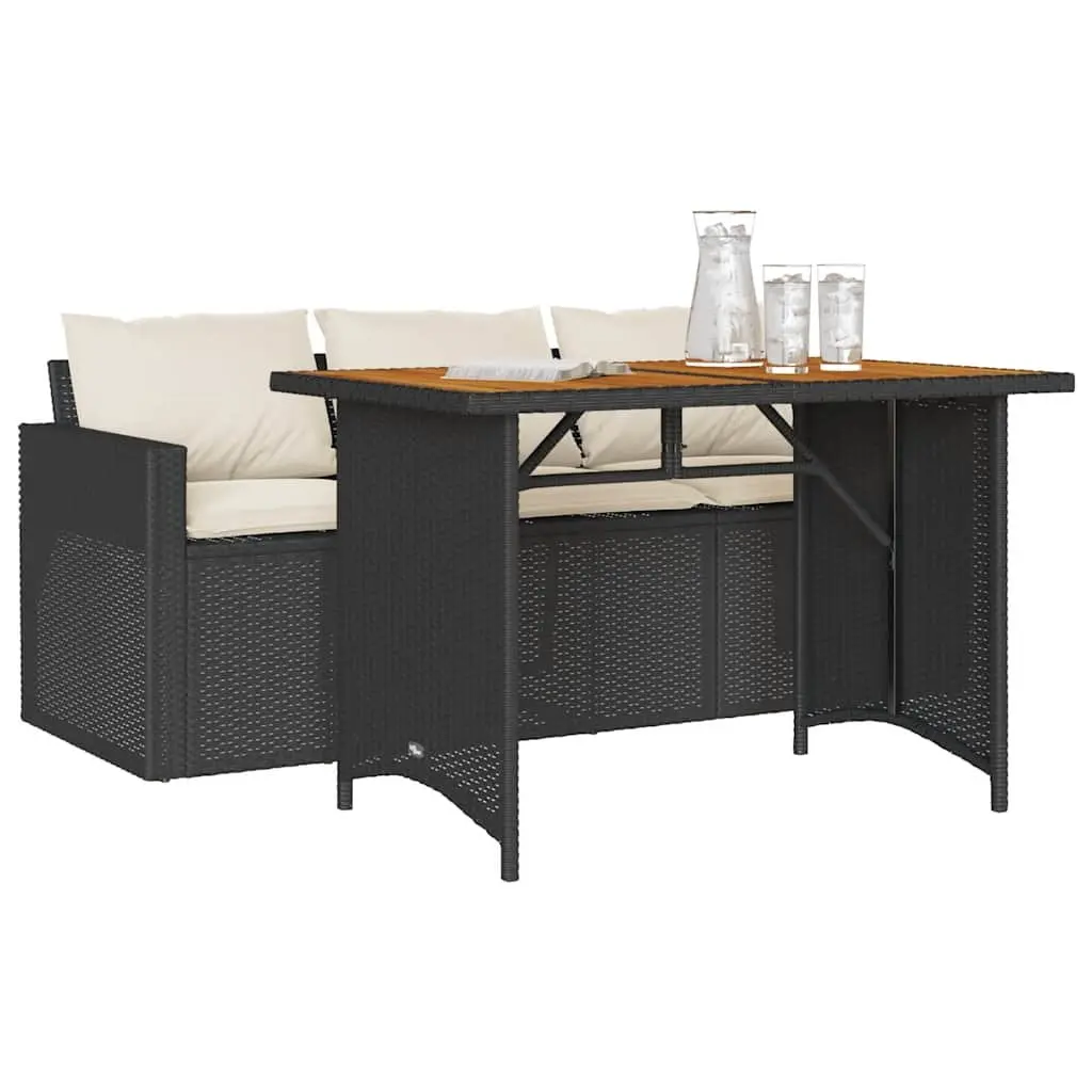 Garden Dining Set 2 Piece Outdoor Furniture Black Poly Rattan with Acacia Wood Table Top and Cushions
