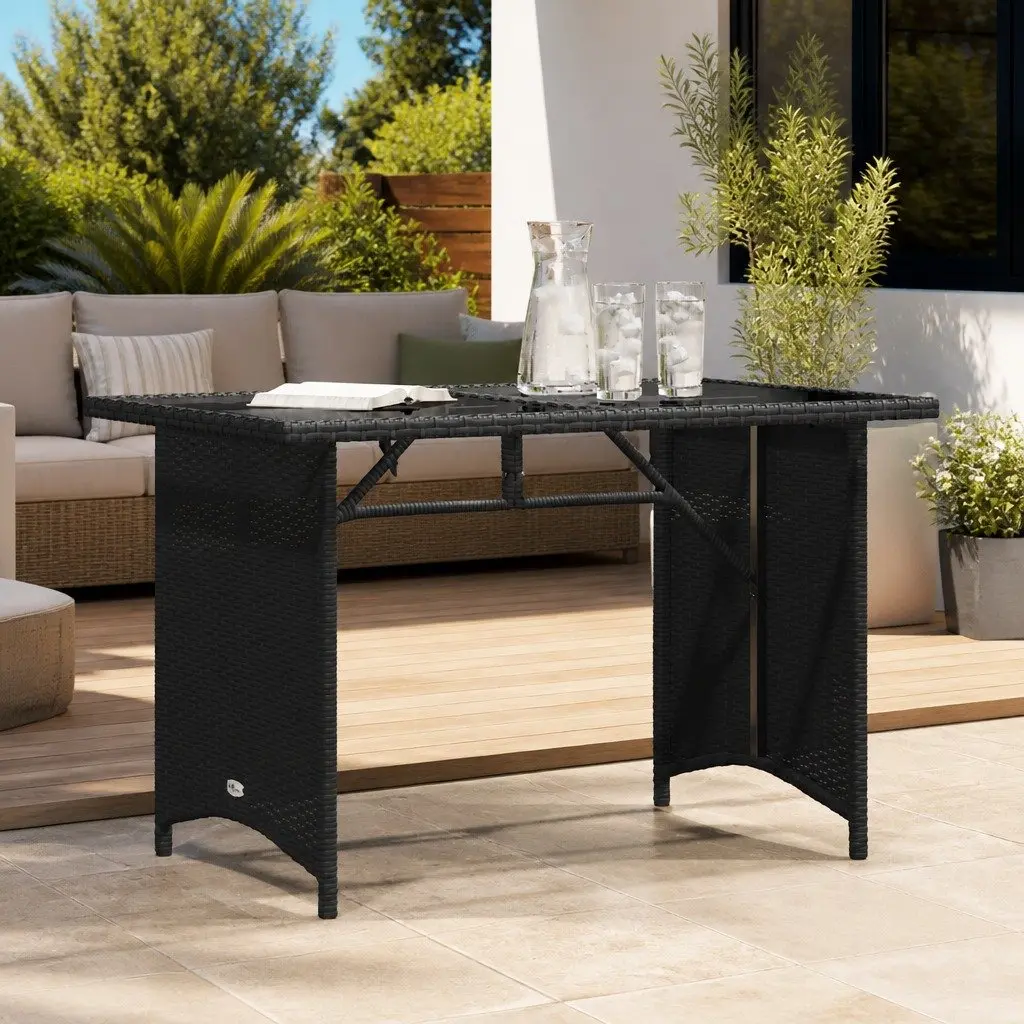 Outdoor Garden Table Poly Rattan Tempered Glass Top 110x68x70cm Black Weather Resistant Patio Furniture
