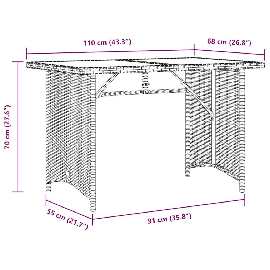 Outdoor Garden Table Poly Rattan Tempered Glass Top 110x68x70cm Black Weather Resistant Patio Furniture