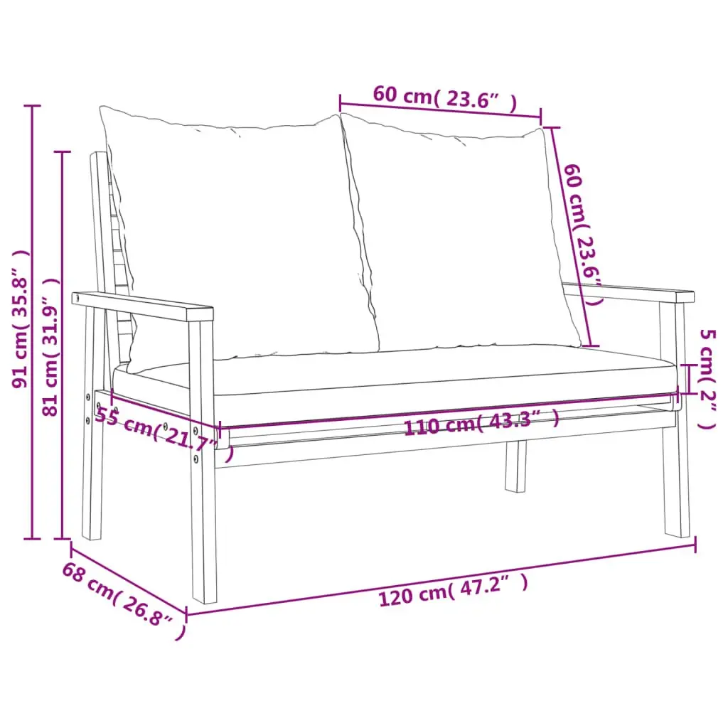 Outdoor Sofa Bench Solid Acacia Wood 120cm Brown with Cushions Backrest Armrests