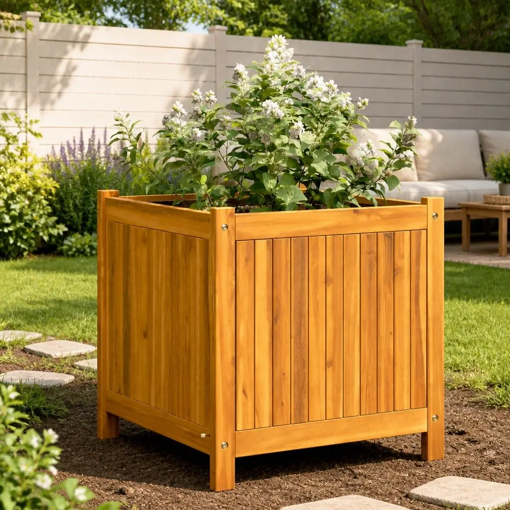Acacia Wood Garden Planter Box Outdoor 50x50x50 cm Brown Solid Construction with Liner
