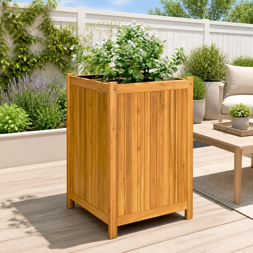 Garden Planter Solid Acacia Wood Brown 50cm Width 50cm Depth 75cm Height with Non Woven Liner and Drainage