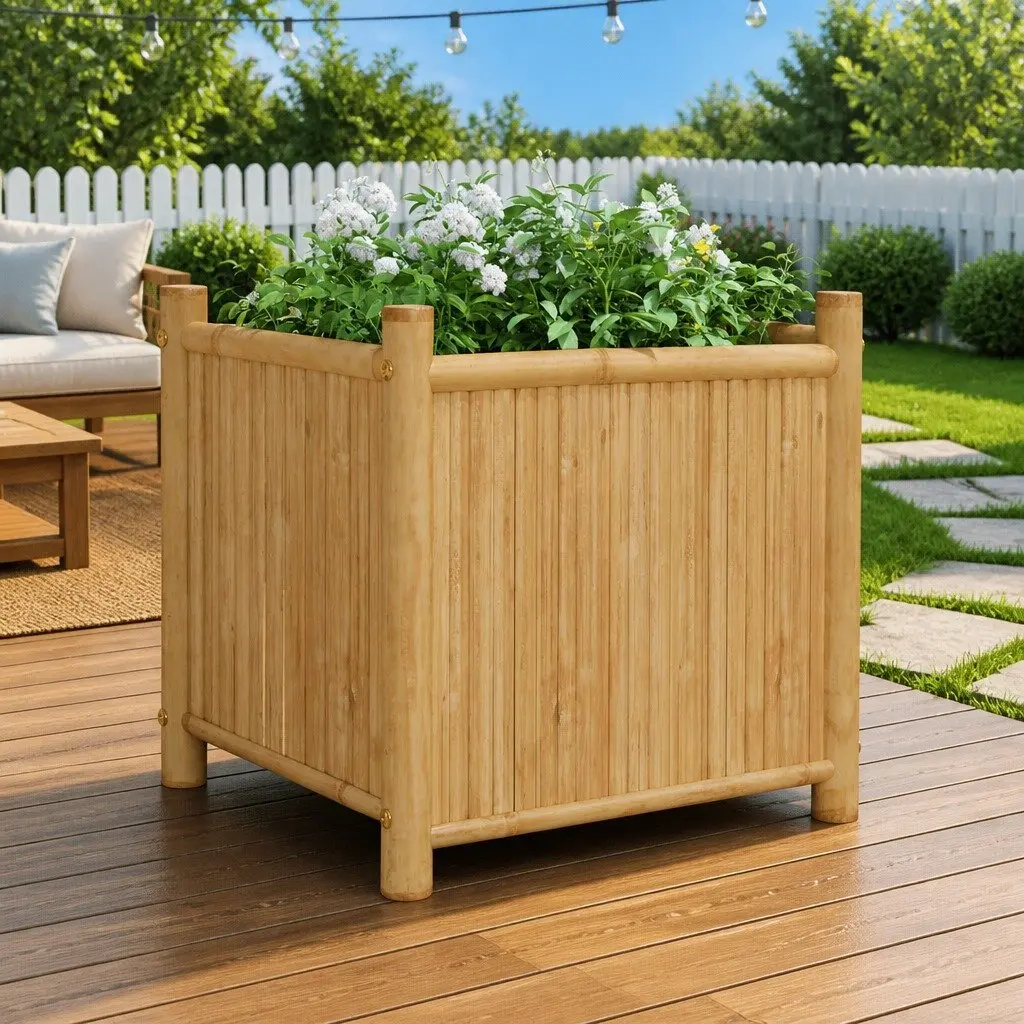 Bamboo Planter Box 50x50x50 cm Raised Garden Bed Brown Outdoor