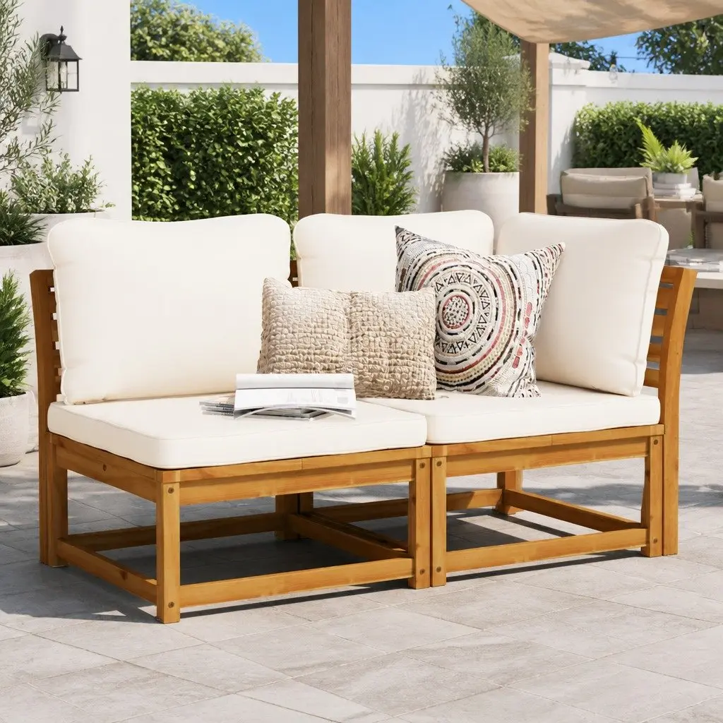 Outdoor Sectional Sofa Set Solid Acacia Wood 2 Piece Garden Lounge Furniture with Cushions Brown