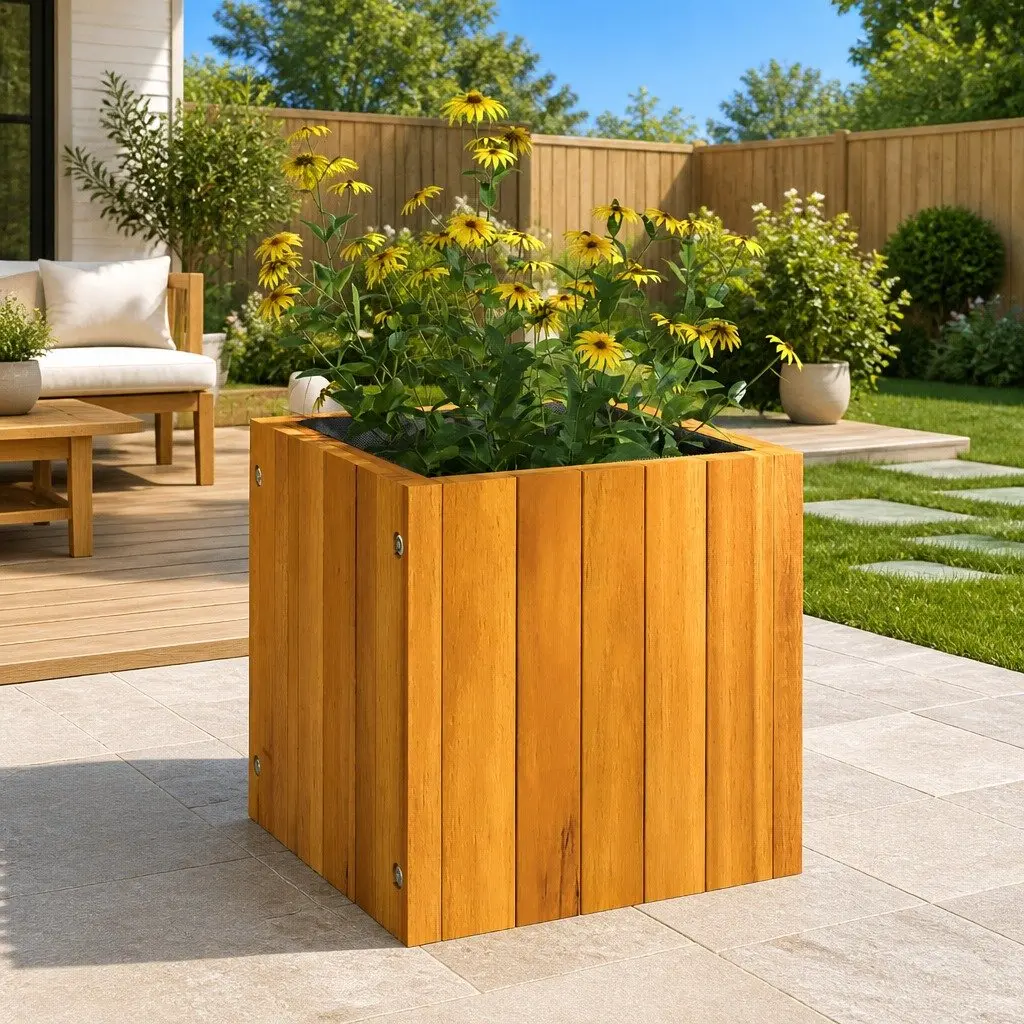 Acacia Wood Planter Box Brown 25cm Square Indoor Outdoor Flower Pot Gardening