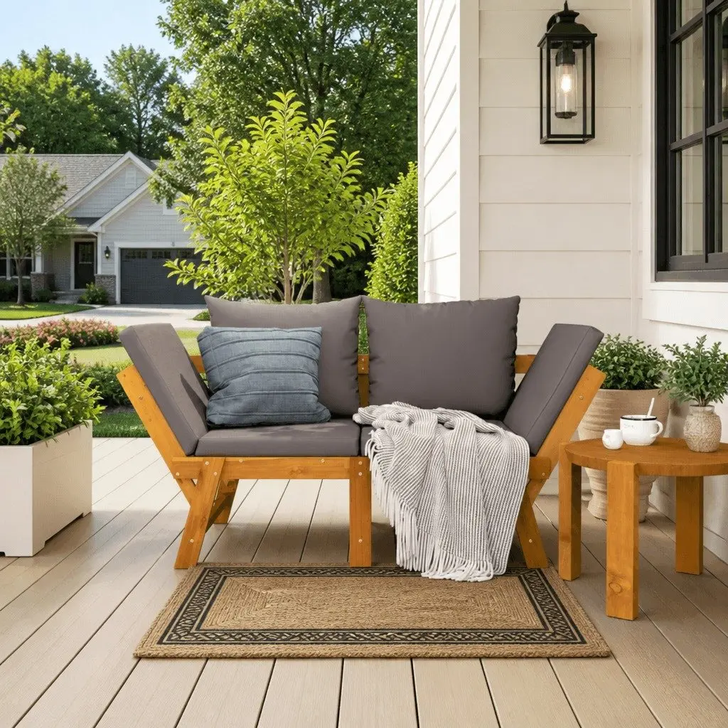 Acacia Wood 2-in-1 Convertible Garden Bench Outdoor Seat with Cushions Brown