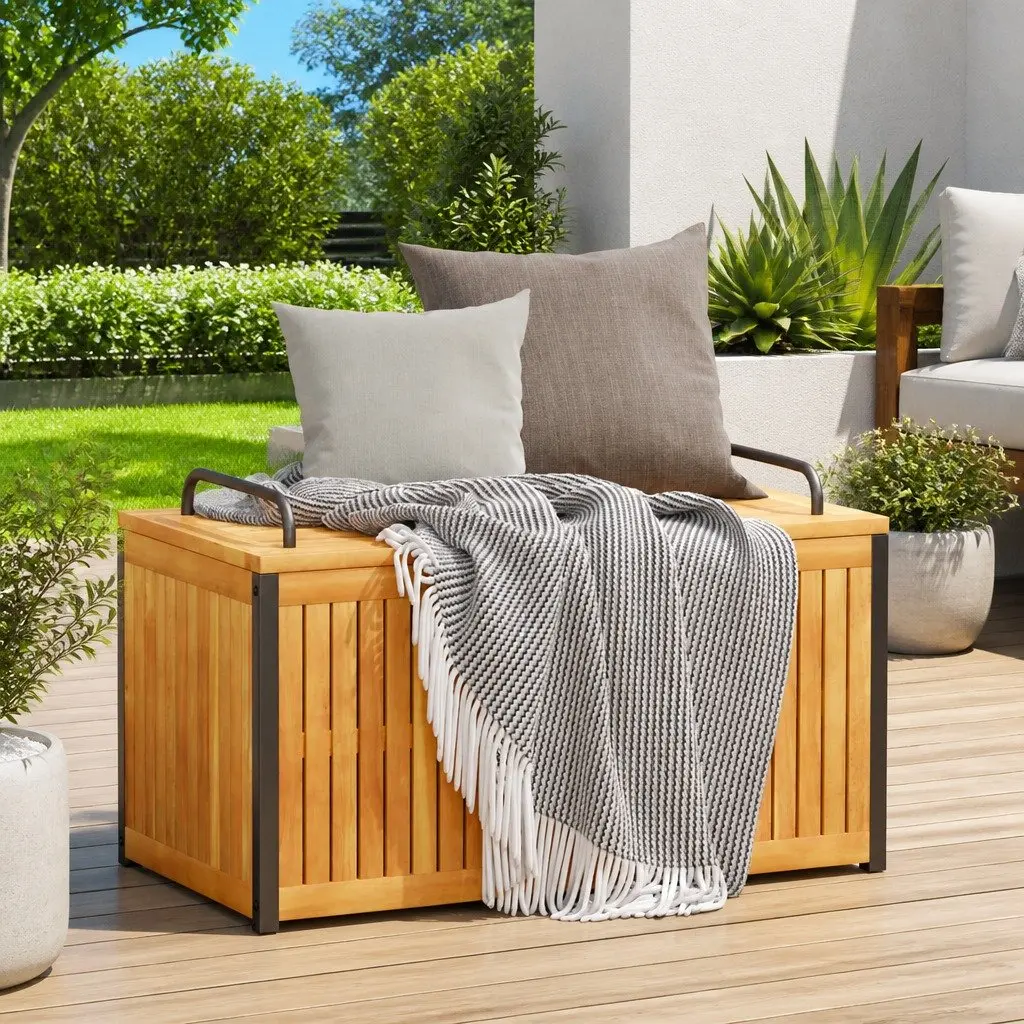 Cushion Storage Bench Acacia Wood with Steel Handle 85x45x45/53 cm Outdoor Storage Box