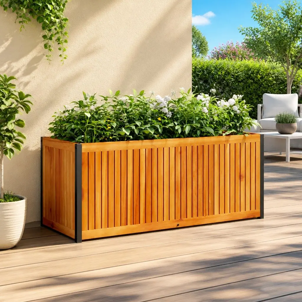 Acacia Wood Garden Planter Box 110x45x44cm Steel Frame Outdoor Brown